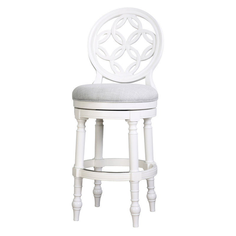 Tabouret de bar en bois blanc à haut dossier de 31 po avec siège pivotant et rond, retour à 180 degrés, pieds tournés, rembourré, repose-pieds pour restaurant en blanc, siège confortable automatique sur bois robuste,