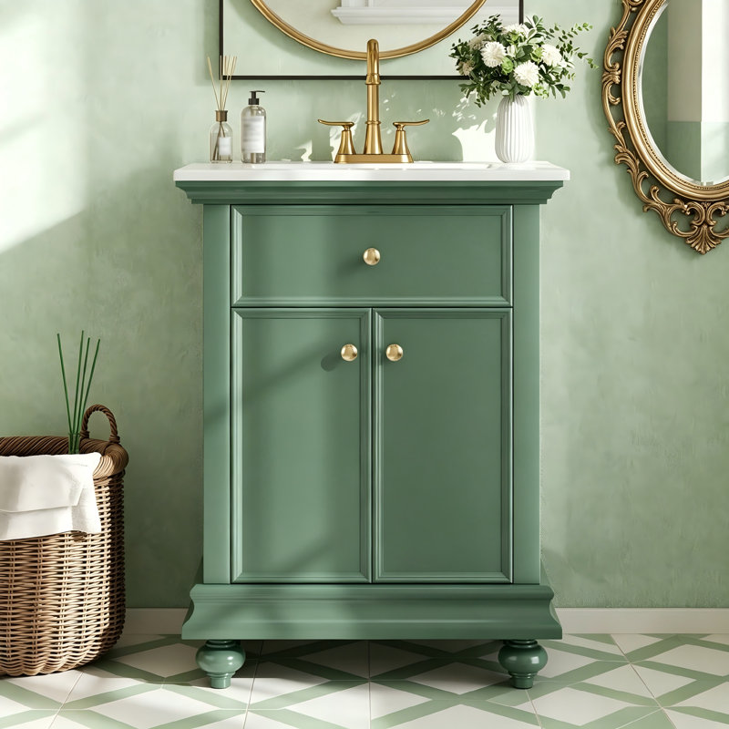 Meuble-lavabo de salle de bain 24 po avec tiroir basculant, charnières à fermeture en douceur et pieds tournés en boule, meuble de rangement autoportant avec structure ouverte à l'arrière, style français d'élégance