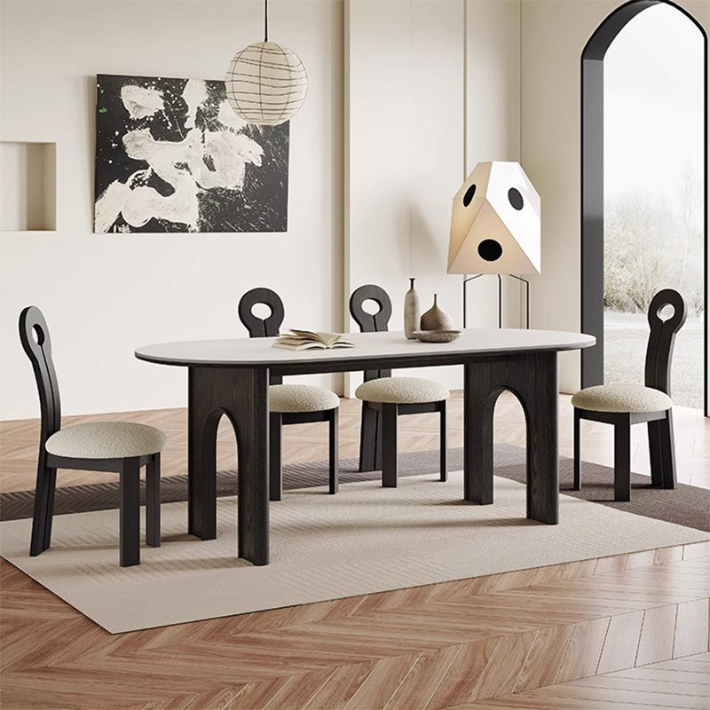 Table de salle à manger Callahan blanc + pierre ovale frittée noire + bois massif, H 29,53 po x L 62,99 po x l 31,50 po