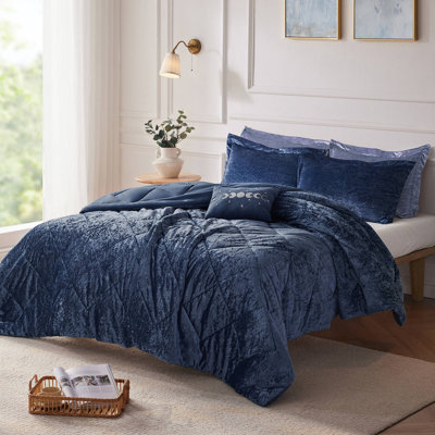 Ensemble d'édredon en velours froissé bleu marine 4 pièces Felicia avec coussin décoratif Felicia