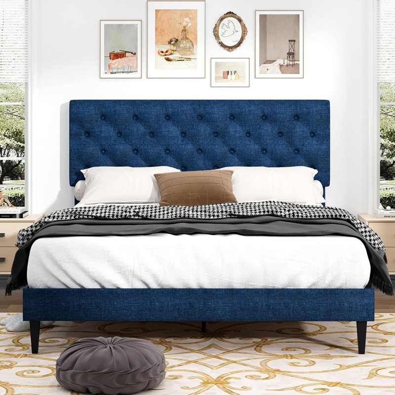 Bed Frames with Button Tufted Headboard, Linen Upholstered Platform Bed with Wooden Slats Support, Easy Assembly, No Box Spring Required