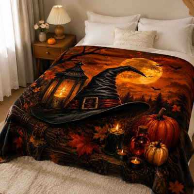 Couverture citrouille et chapeau de sorcière pour l'Halloween, jeté douillet pour canapé ou lit, décoration automnale pour la maison, salon ou chambre