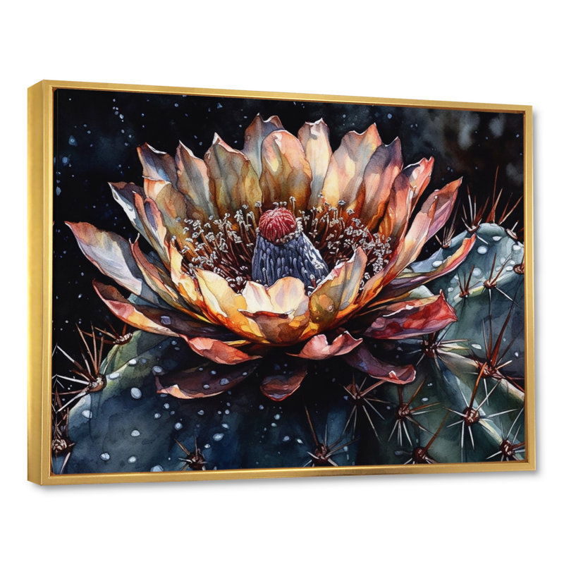 Rowin Brown Green Cactus Flower II sur impression sur toile, H 16 po x l 32 po x P 1 po, Cadre flottant doré