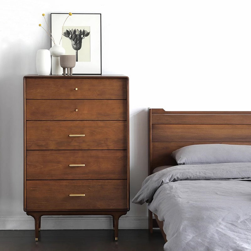 Commode 5 tiroirs Mid-Century, décorations en bois et métal