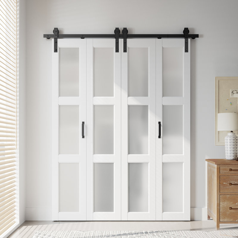 Porte de grange pliable 3 panneaux en verre givré et en bois manufacturé avec quincaillerie 3 pièces, 64" x 84"