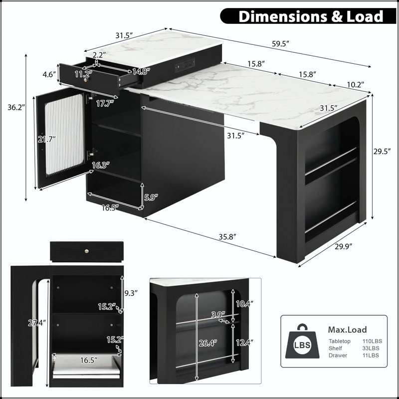 59.5" Kitchen Island with Extendable Dining Table (3 Lengths) and Double-Sided Storage – Black