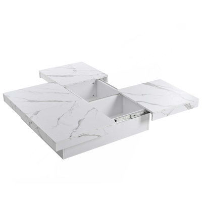 Table basse carrée en placage de marbre avec plateau coulissant et rangement