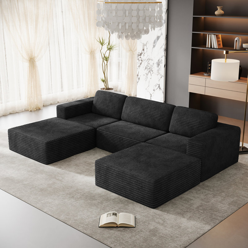 Modular Corduroy 303cm 3-seater Sofa With 2 Ottomans, No Assembly Required, With High Rebound Sponge, Black