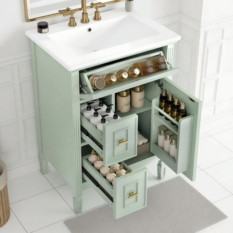 Meuble-lavabo de 24 po avec lavabo, armoire en bois massif et panneau de fibres à densité moyenne avec un tiroir rabattable, deux tiroirs standard et une tablette réglable, meuble-lavabo vert autoportant pour le rangement de la salle de bain