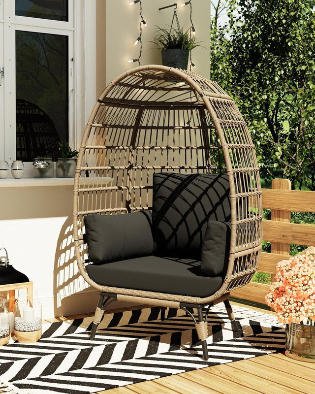 Patio Egg Chair Outdoor - Wicker Egg Chair Oversized Patio Lounge Chairs with Cushions, Metal Frame Stand, for Balcony, Patio, Living Room