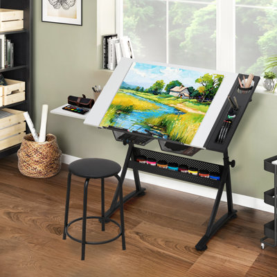 Craft and Drawing Table Workstation with Stool, Drafting Table with Slide-Out Tabletop and Drawers