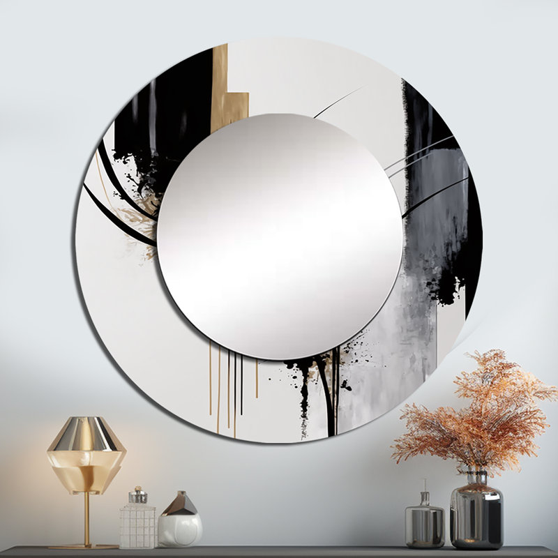 Odunayo noir, blanc et doré Expression II - grand miroir mural abstrait, miroir décoratif rond moderne, impression d'art en métal
