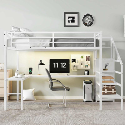Loft Bed With L-Shaped Desk And USB, Loft Bed With Wardrobe And Adjustable Shelf For Teens Adults