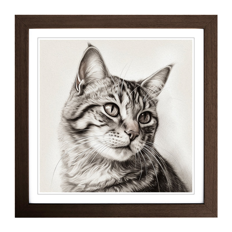 Cat Drawing No.1 - Single Picture Frame Print on Wood, Walnut