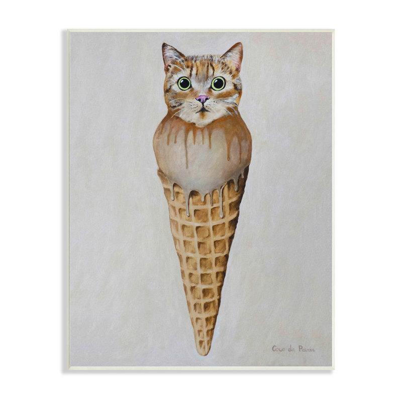 Chat tigré, glace, cuillère, dessert, gaufre, cône par Coco de Paris - Peinture, Plaque murale, H 15 po x l 10 po x P 0,5 po