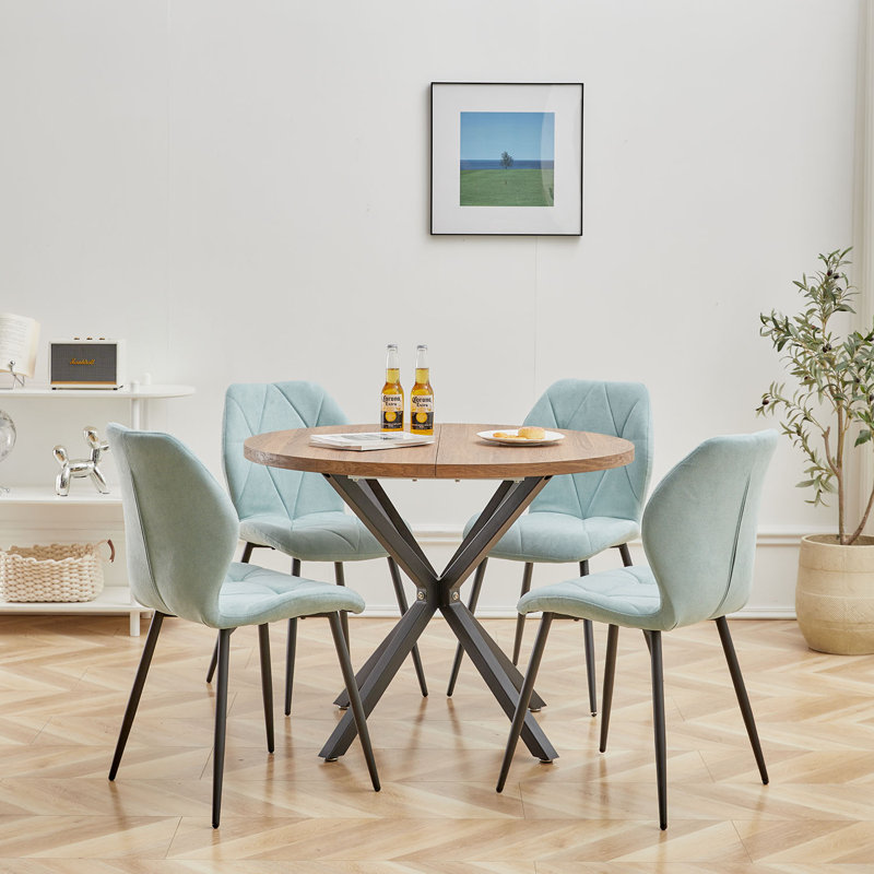 Modern Simple Round Solid Wood Dining Table Set - Set Of 4 Diamond Pattern Velvet Dining Chairs - Metal Legs - For Living Room/Bedroom
