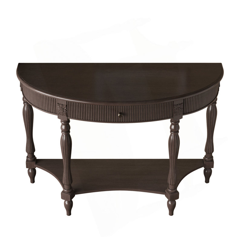 Console demi-lune en bois massif avec tiroir et tablette, Deep Rustic Brown
