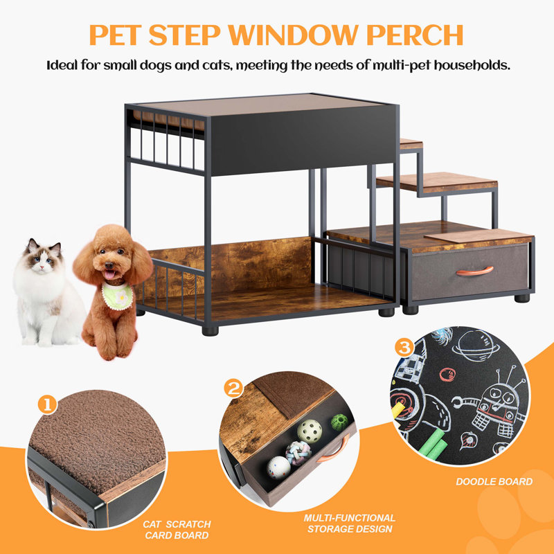 Vintage Multi-Level Black and Brown Dog Window Perch with Storage