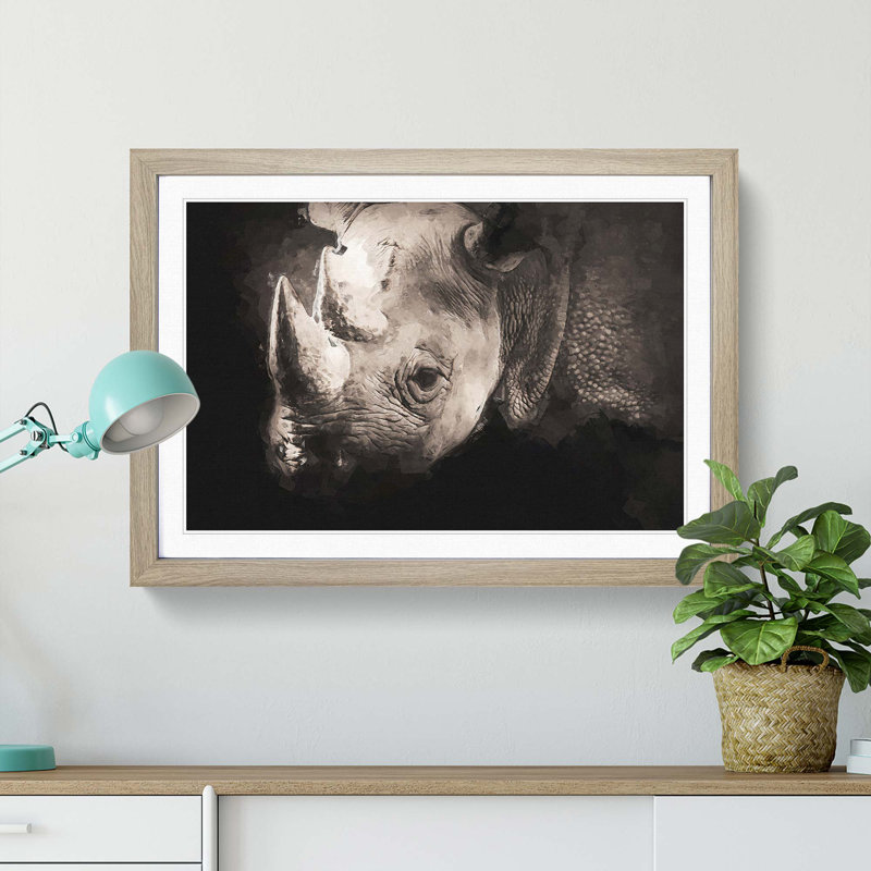 The Gaze of the Rhino in Abstract - Picture Frame Graphic Art Print, 27cm H x 36cm W x 2cm D, Oak Framed