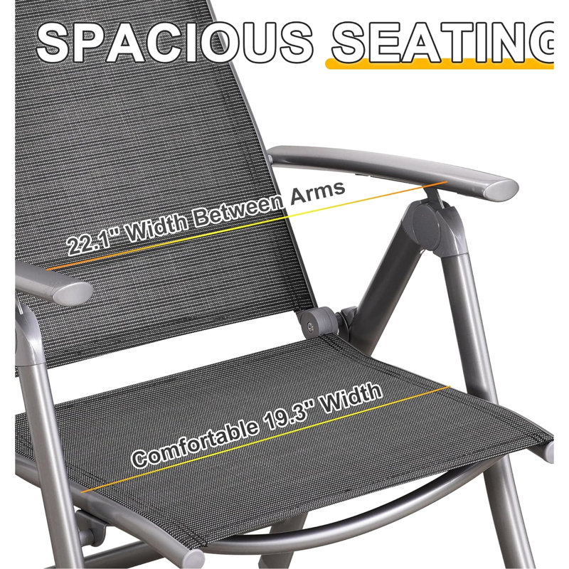 2 chaises de patio inclinables d'extérieur, structure en aluminium avec siège gris foncé. Dossier réglable pour la piscine, le camping et le jardin. Chaises spacieuses et confortables - structure, tissu respirant