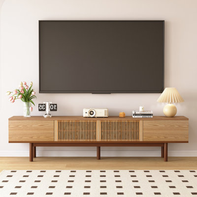 Meuble télé 86,6 po en bois massif avec portes cannelées, rangement spacieux, entièrement assemblé