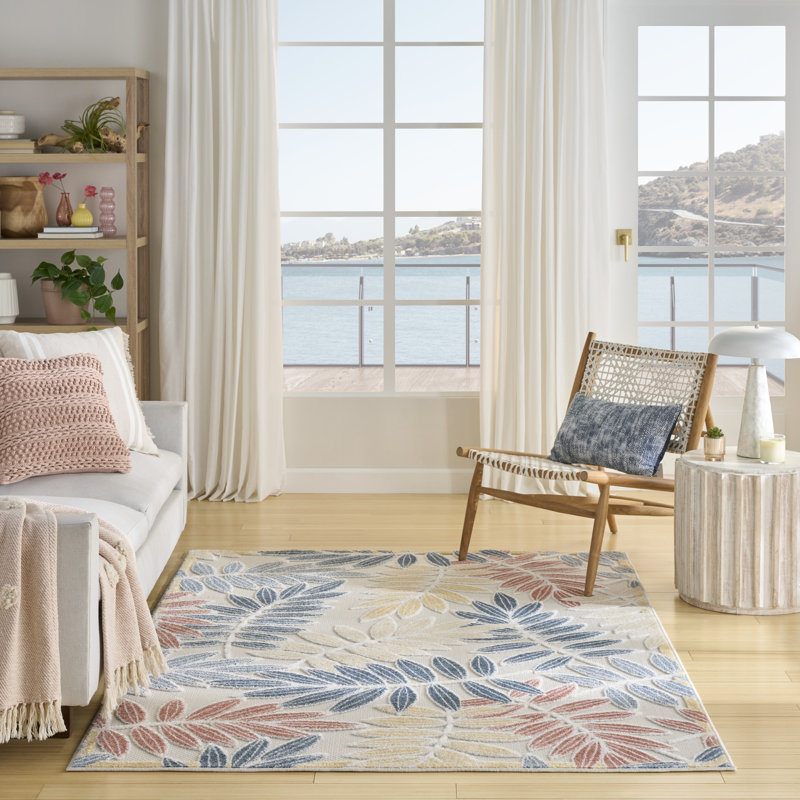 Floral Indoor/Outdoor Ivory Blue Area Rug, Rectangle 160 x 226 cm