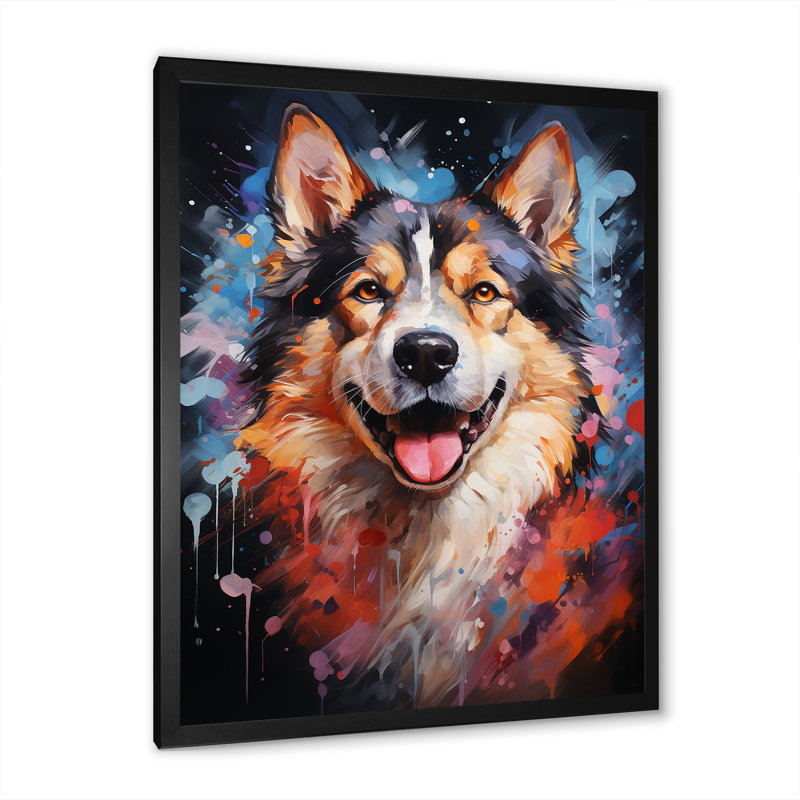 Chien Akita Aurora IV sur toile, Cadre simple noir, H 44 po x l 34 po x P 1,5 po