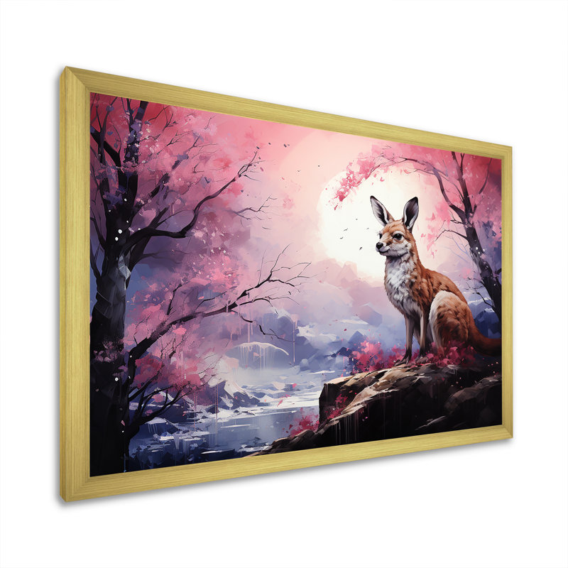 Paysage de kangourou au clair de lune sur toile, Cadre doré simple, H 12 po x l 20 po x P 1 po