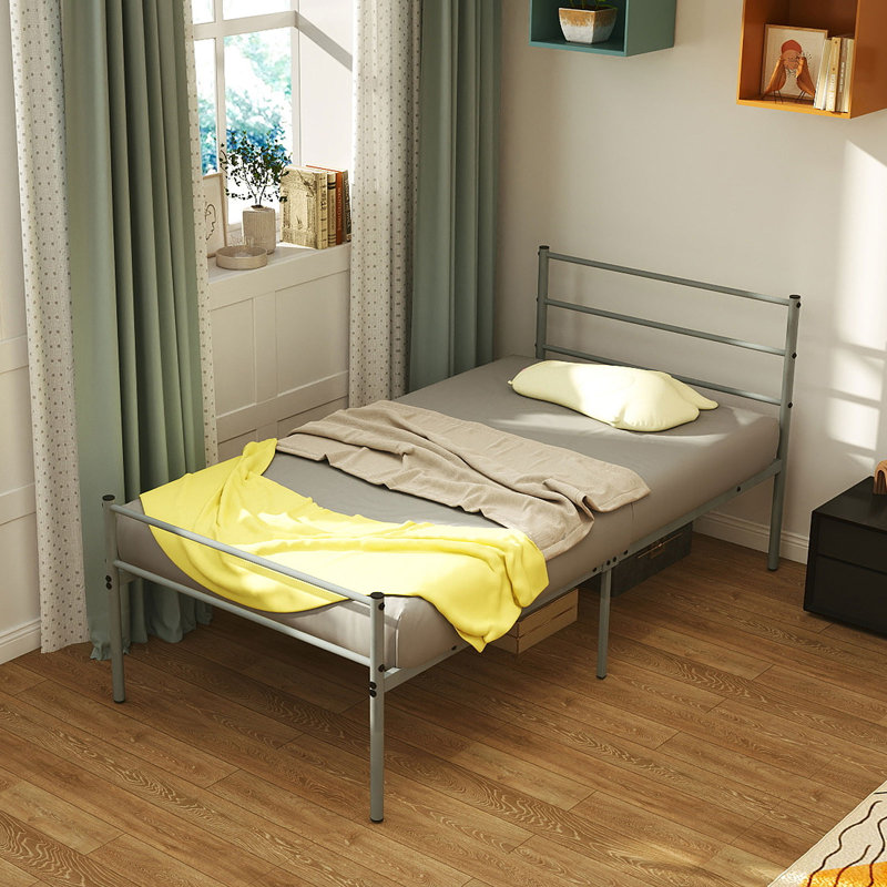 Single Size Bed Frame Modern Platform Bed with Metal Slat Support, Silver