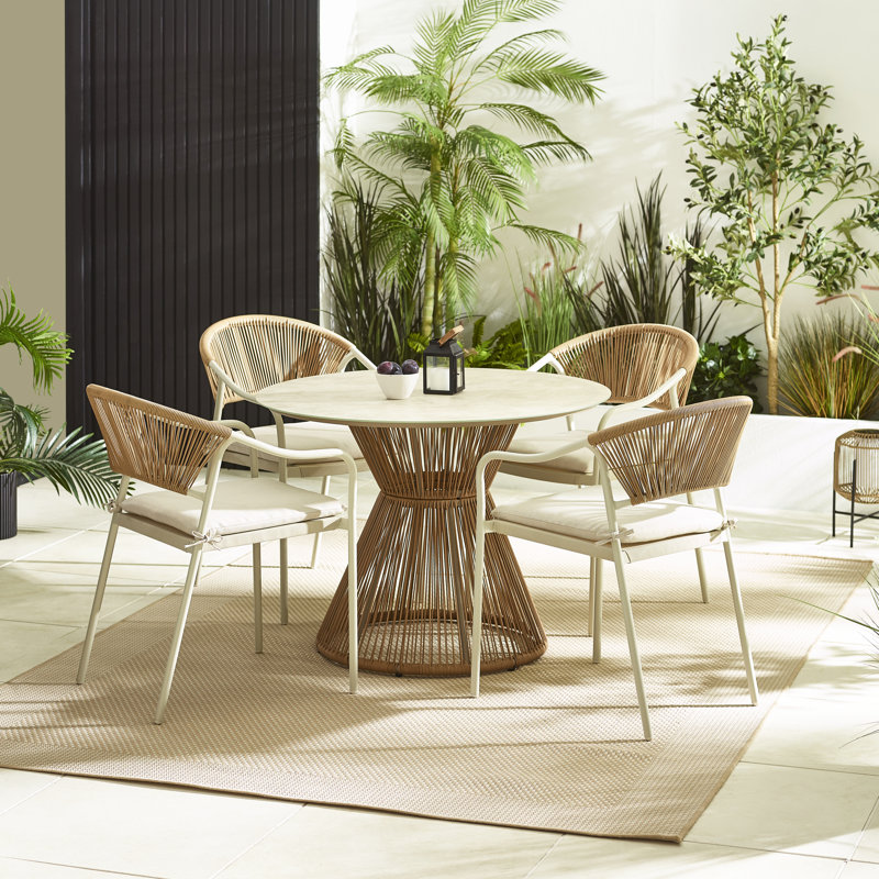 Halleli 4 - Person Acacia Wicker Patio Dining Set with Round Table , Cushions Included, Cream