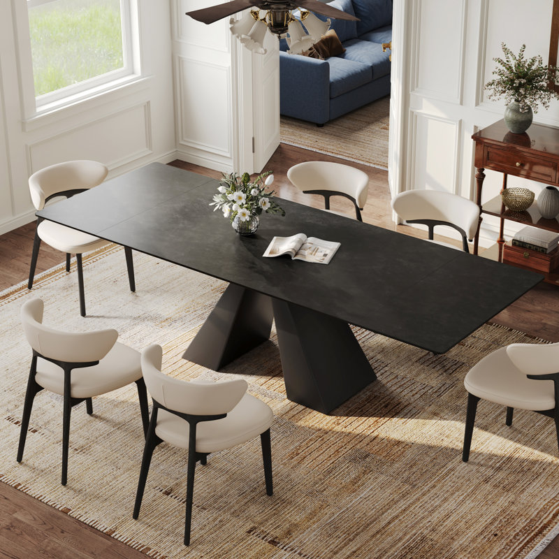 Lethia 63 to 94" Extendable Sintered Stone Dining Table for 4-10, Dark Grey Table top with Black Carbon Pedestal, Black