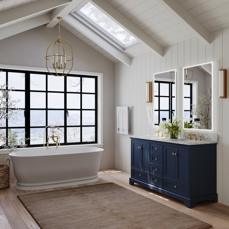 Ensemble de meuble-lavabo double 60 po Varna, Bleu héritage / or brossé, Marbre blanc de Carrare
