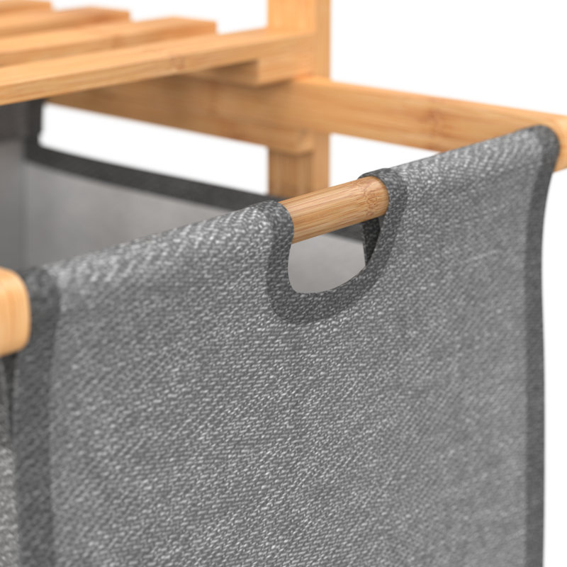 Natural Bamboo Dual Compartment Laundry Sorter with Gray Bags