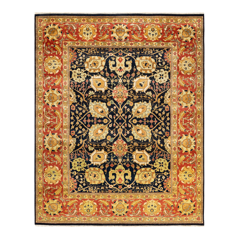 Tapis noir / orange noué à la main de conception unique 8 pi 1 po x 10 pi 2 po Shult