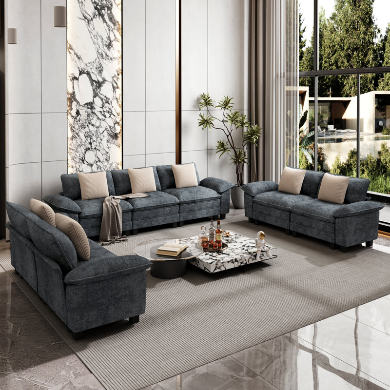 7 - Piece Living Room Set, Cyan Chenille