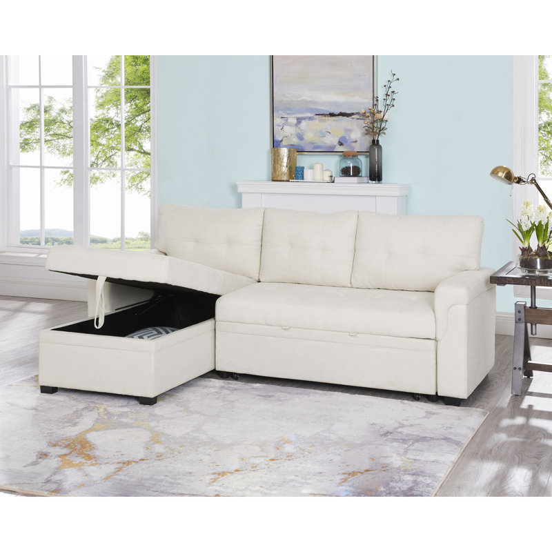Gadalia L-Shaped Velvet Sleeper Sofa Reversible couch Pull Out Couch with storage chaise, Cream Velvet