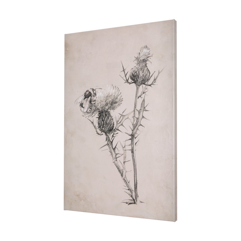 Thistle avec bourdon dessin IV une toile texturée embellie à la main, H 60 po x l 40 po x P 1,5 po
