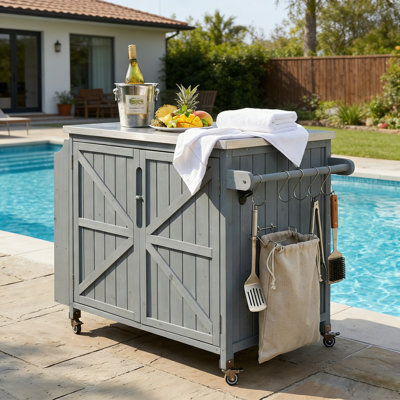 42" Solid Fir Wood Outdoor Kitchen Island With Stainless Steel Prep Top & Locking Wheels