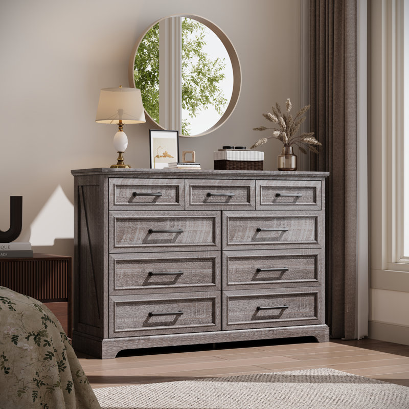 Farmhouse 9 Drawer Dresser, 36" Tall Rustic Wood Chest Of Drawers With Large Drawers & Bar Handles, Grey