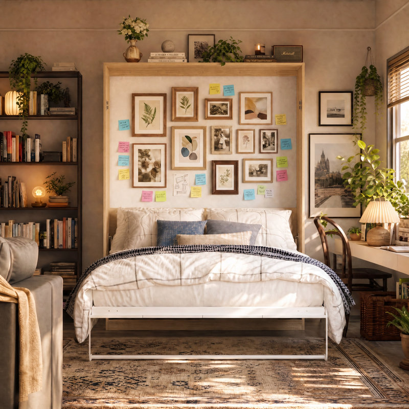 Lit escamotable moderne avec design peu encombrant, armoire pour chambre d'amis, appartement et espaces multifonctionnels