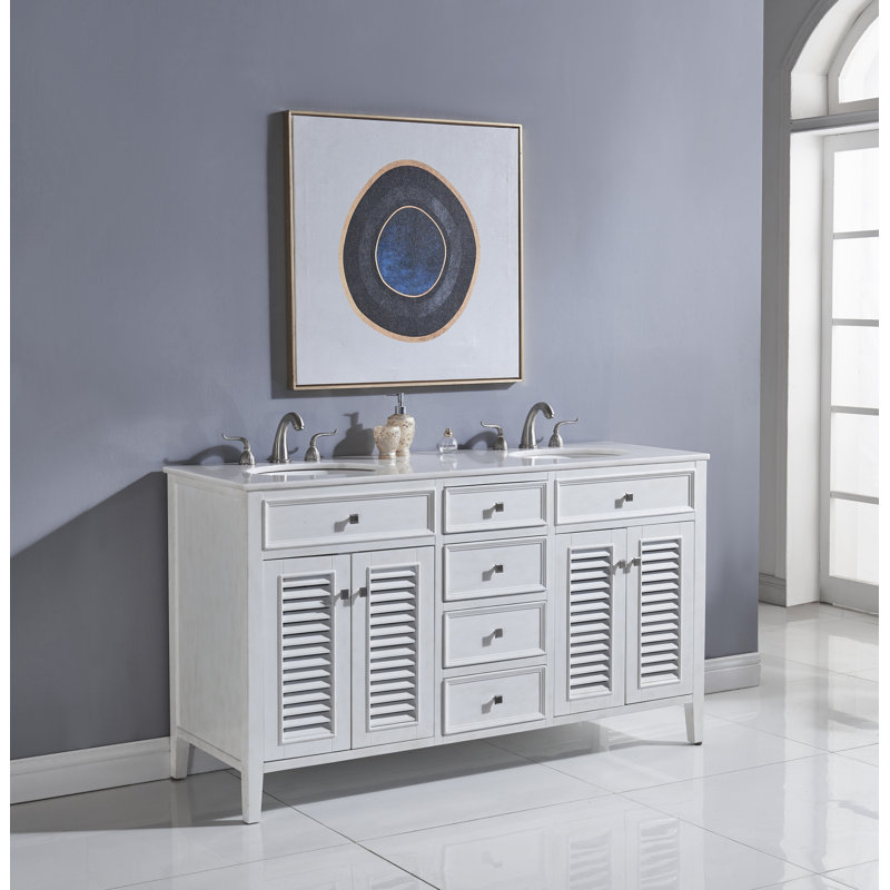 Watkinsville 60'' Double Bathroom Vanity with Top, Antique White, White Crystal