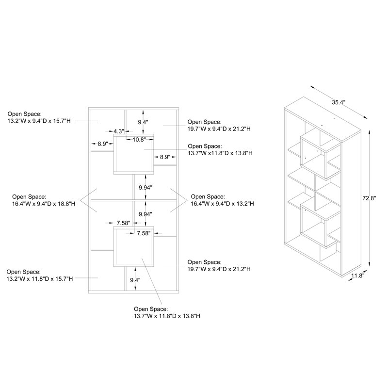  72.8''H Geometric Display Bookcase with Open Shelves
