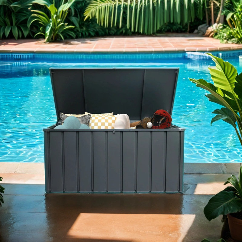 Harmony 120 Gallons Waterproof Outdoor Steel Deck Box, Patio Deck Storage Box with Wheels, Gray