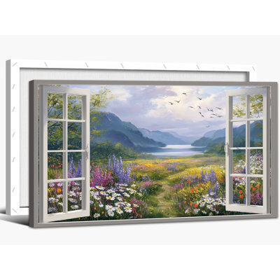  Nature Window Scenery Canvas Wall Decor, Seasonal Landscape Painting Prints Large Open Style with Spring Floral, Serene Multi-Colored Artwork for Living Room or Bedroom, 12x24 inches