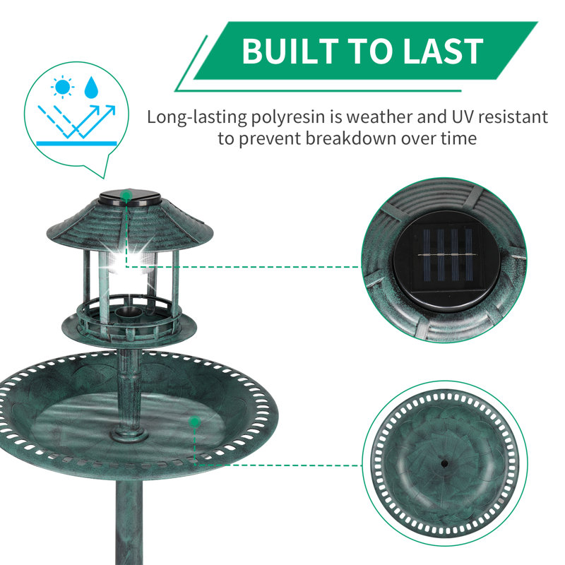 Green Plastic Birdbath with Solar Light and Stand