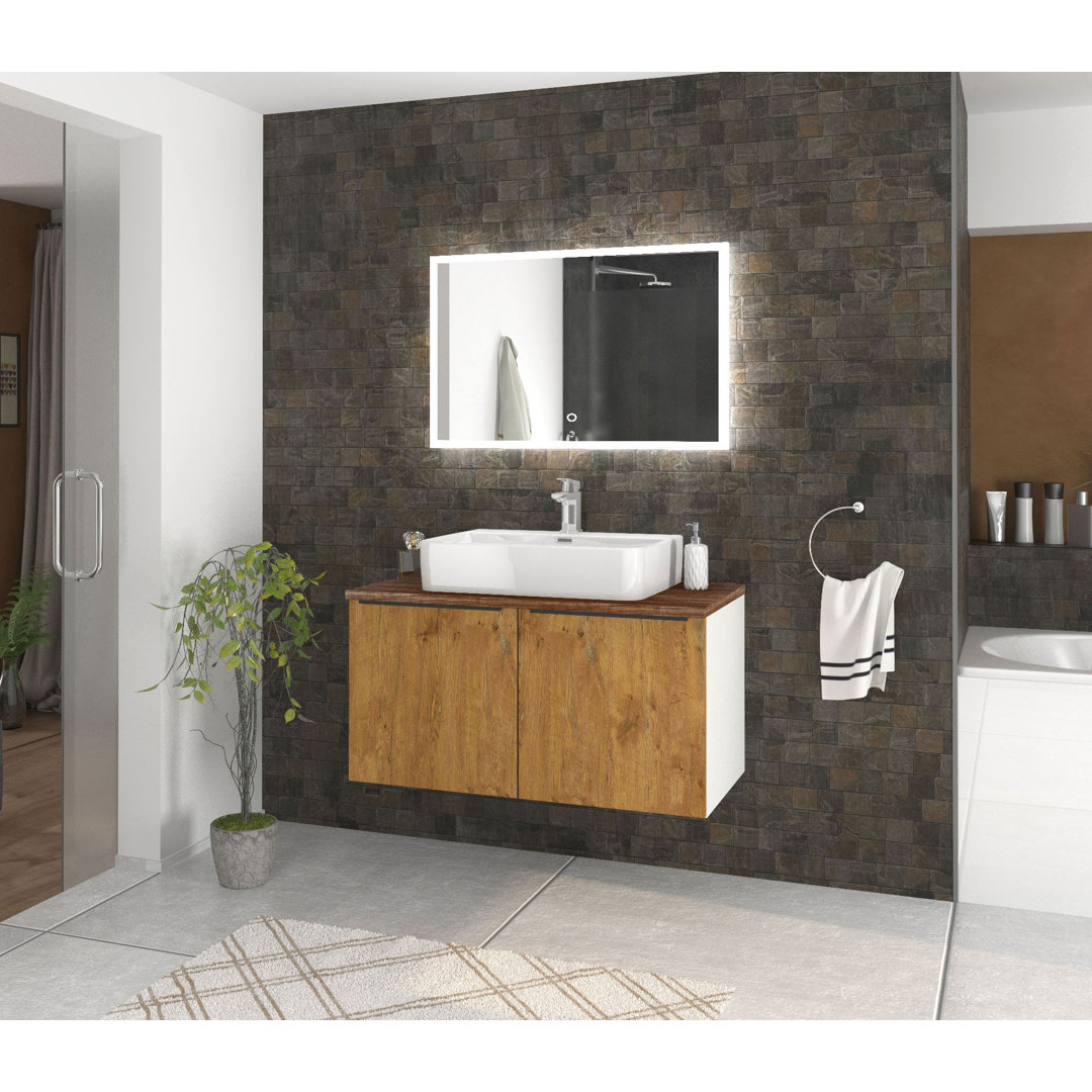 Odin washbasin with base cabinet, 96cm, alpine white / rustic oak / oak, metal handles