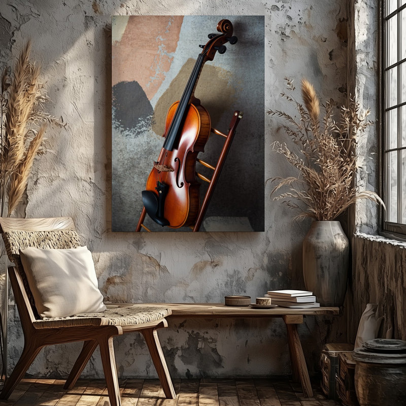 Reproduction d'art sur toile, un magnifique violon suspendu contre un mur de béton texturé en sourdine mettant en valeur ses riches tons chauds d'acajou et toile