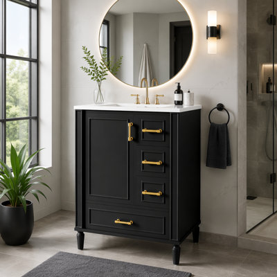 Ensemble de meuble-lavabo sur pied, avec trois tiroirs, portes à fermeture douce, avec longues poignées en métal doré - pour les petites salles de bain