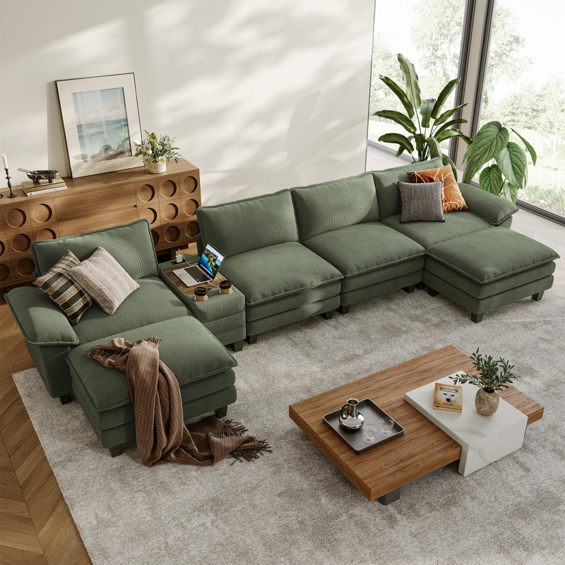 Colbey 172" Oversized Corduroy Cloud U-Shaped Sectional Sofa With Storage End Table, Elio Green Corduroy