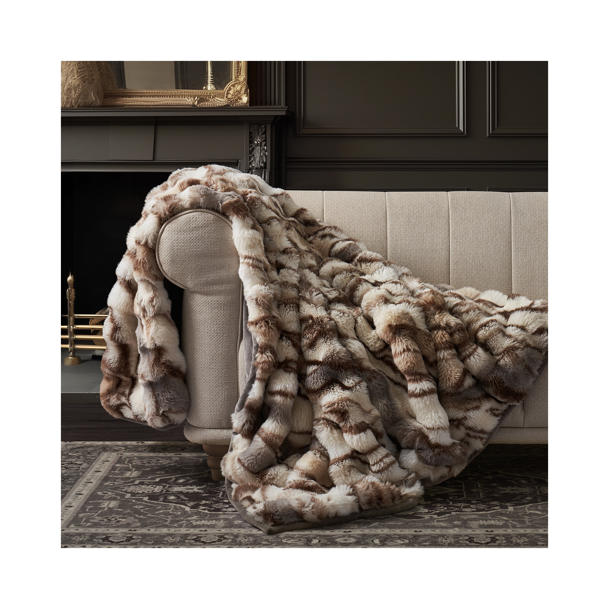 Ridgeline Faux Fur Throw Blanket, Beige/Gray Marble, 80" L x 60" W